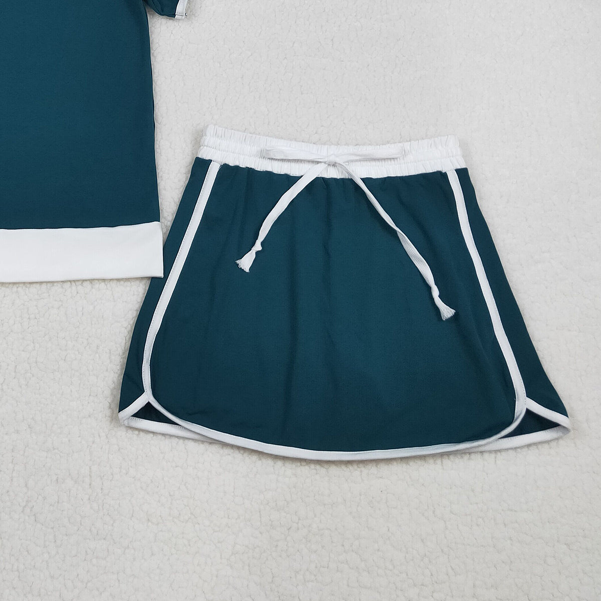 RTS NO MOQ GSD3673 Women's Green Cotton Short Sleeve Top Skirt Shorts Set