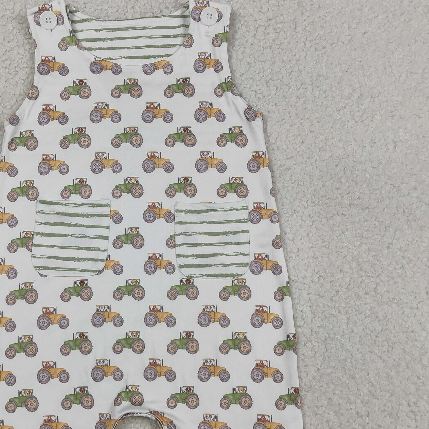 RTS NO MOQ SR1586 milk silk Baby Boys Cute Sleeveless Tractors Farm Pocket Rompers