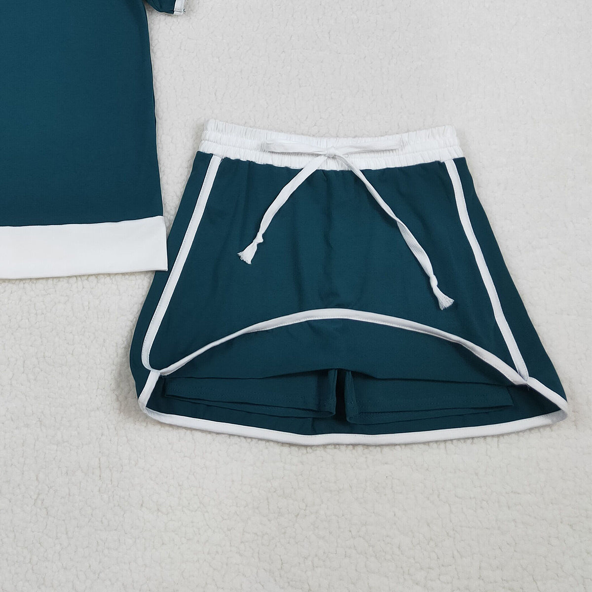 RTS NO MOQ GSD3673 Women's Green Cotton Short Sleeve Top Skirt Shorts Set
