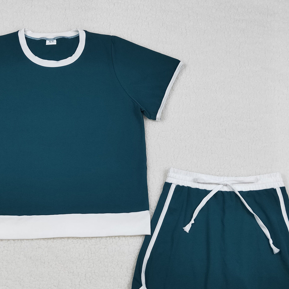 RTS NO MOQ GSD3673 Women's Green Cotton Short Sleeve Top Skirt Shorts Set