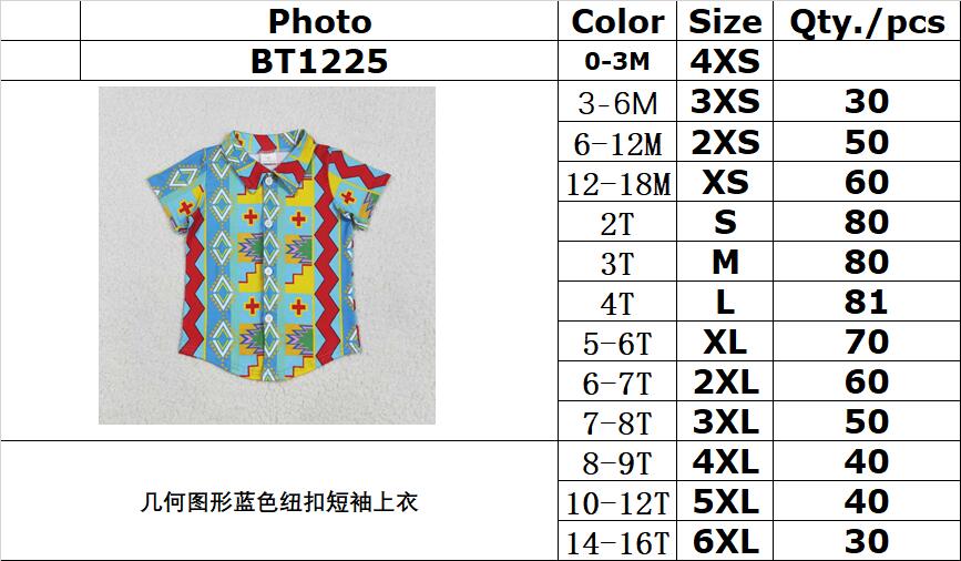 RTS NO MOQ BT1225 Geometric blue button short sleeve top