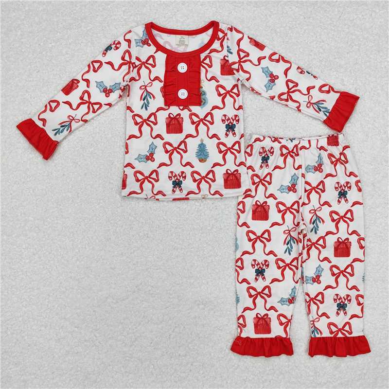 Baby Girls Christmas Bow Print Collection - Ruffle PJ Set & Ruffle Dress