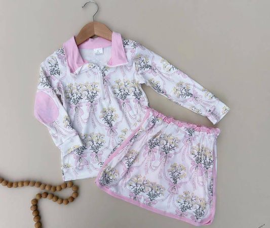 RTS NO MOQ（In Stock) GLD1078 Pink and white zip-up long-sleeved skirt set with floral bouquet and bow pattern