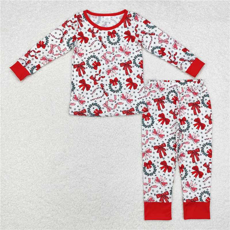 Baby Girls Christmas Bow Wreath Collection - Red Trim PJ Set & Polka Dot Ruffle Dress