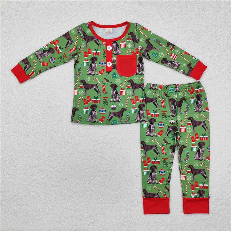 Baby Kids Christmas Dog Collection - Pink Ruffle PJ Set & Green Ribbed PJ Set