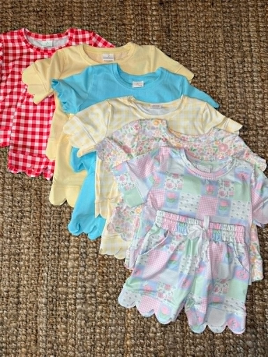 RTS NO MOQ Sibling Baby Girls Short Sleeve Shirt Top Scallop Short with Pockets Set Cute Clothes
