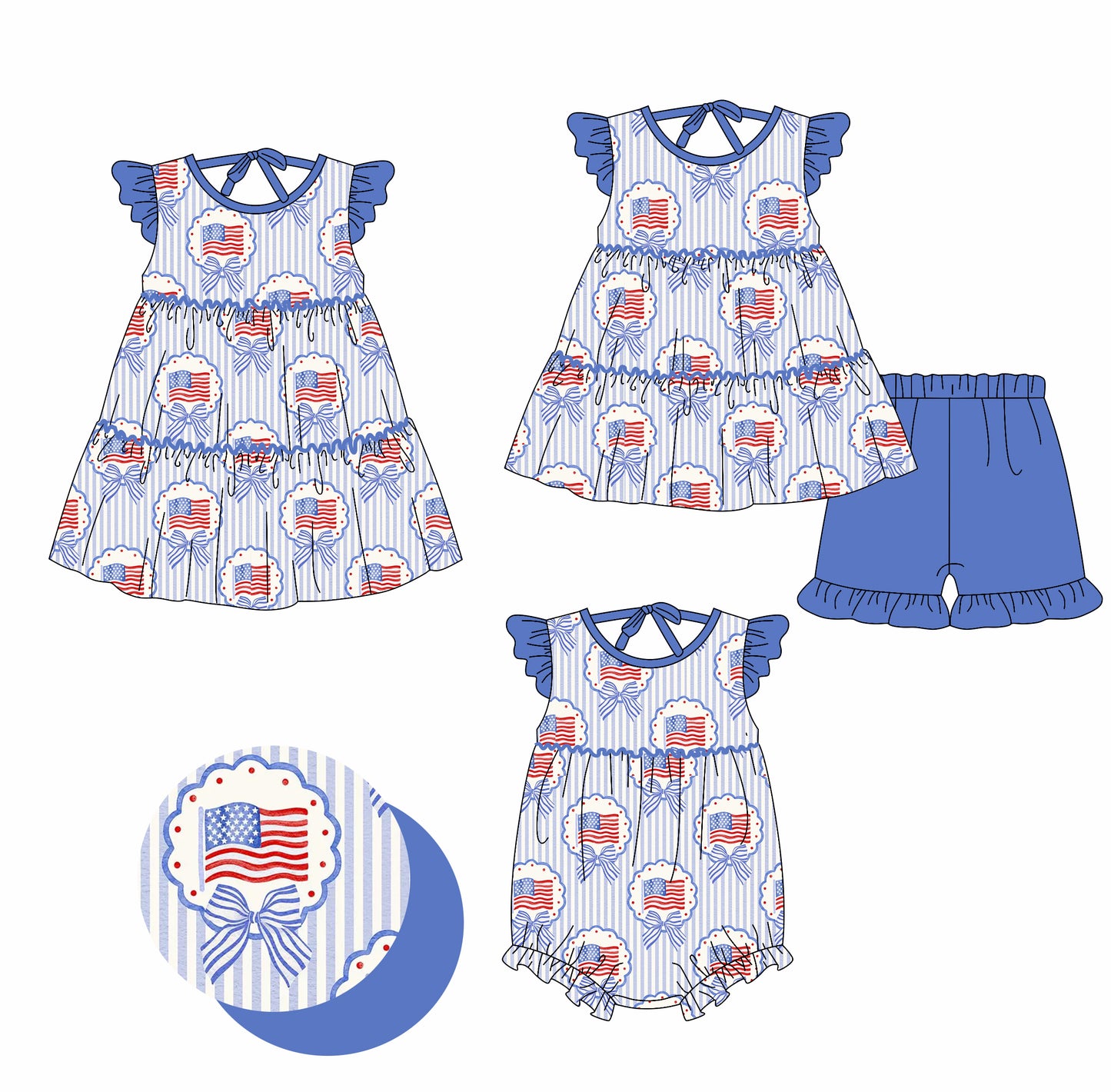 26.1.23 custom each style moq 5 eta 6-8week Sibling Sister flag bow baby short sleeve shorts sets and romper and dress match design