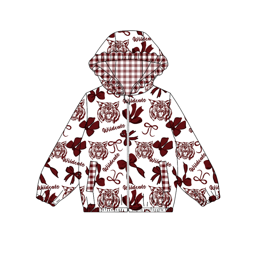 Custom moq 5 mix size milk silk summer teams Red Adult Women Bow-Print Long-Sleeved Zip-Up Hooded Jacket with Pockets