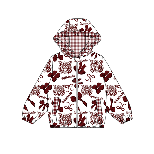Custom moq 5 mix size milk silk summer teams Red Adult Women Bow-Print Long-Sleeved Zip-Up Hooded Jacket with Pockets