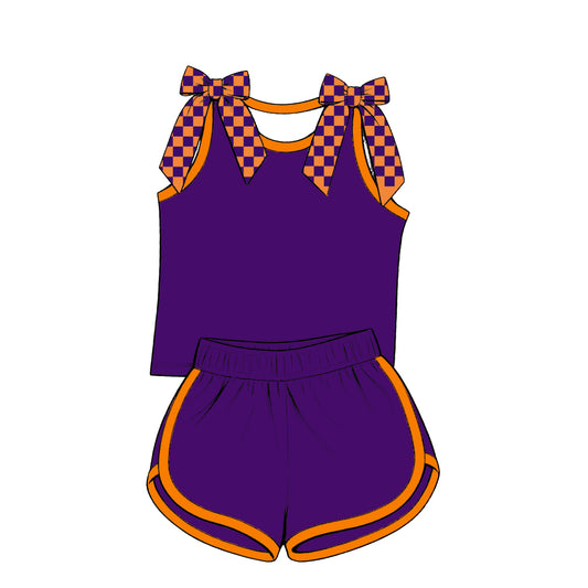 custom moq 5 mix size Baby Girls Orange Purple Checked Bow Sleeveless Top Shorts Summer Casual Outfit Set