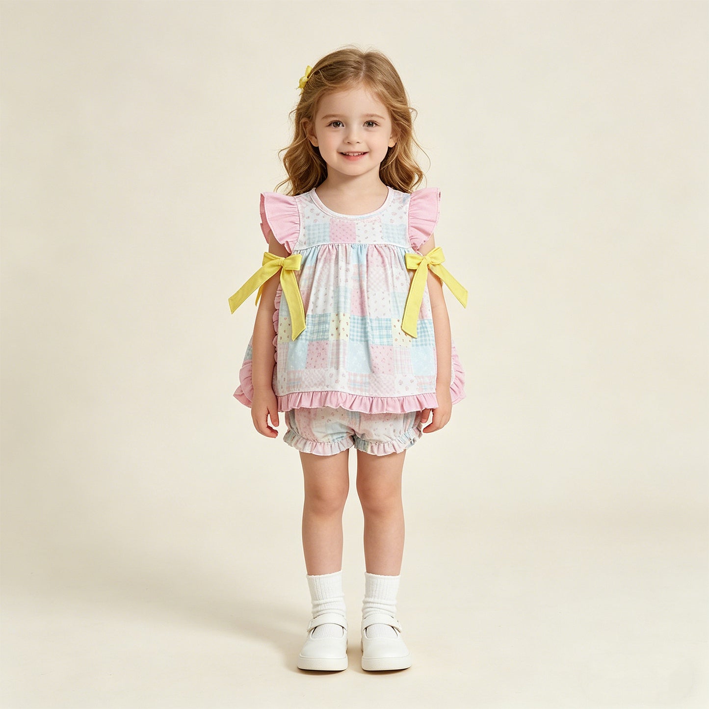 RTS NO MOQ GBO0513 milk silk Baby Girls Summer Colorful Floral Checked Bummies Set
