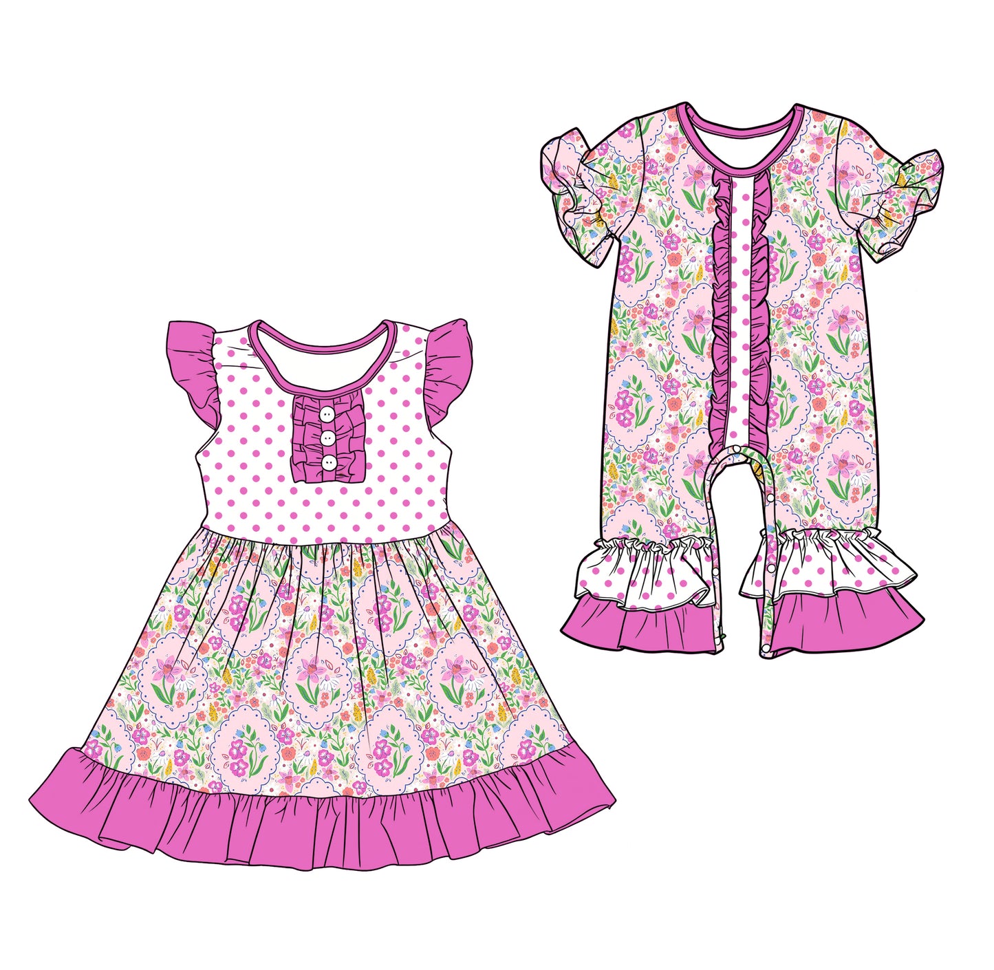 25.12.19 custom each style moq 5 eta 6-8week Sibling Sister floral baby short sleeve romper and dress match design