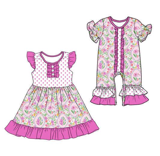 25.12.19 custom each style moq 5 eta 6-8week Sibling Sister floral baby short sleeve romper and dress match design