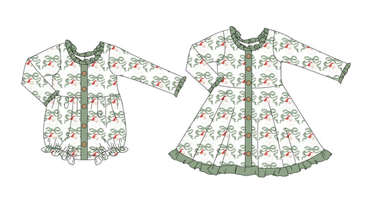 25.5.13 custom each style moq 5eta 4-6week Sibling Sisters Christmas bow baby girl long sleeve dress and rompers match family design