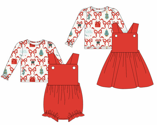 25.5.29 custom each style moq 5eta 4-6week Sibling Sisters Christmas bow red baby girls short sleeve dress and short sleeve rompers and top 1 and top 2 match family design