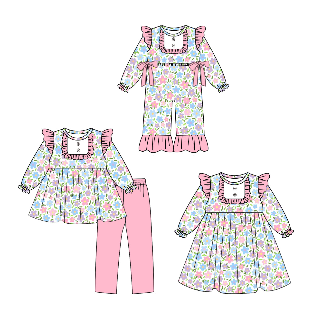 25.8.13 custom each style moq 5eta 4-6week Sibling Sisters floral baby girl long sleeve pants sets and dress and rompers match family design