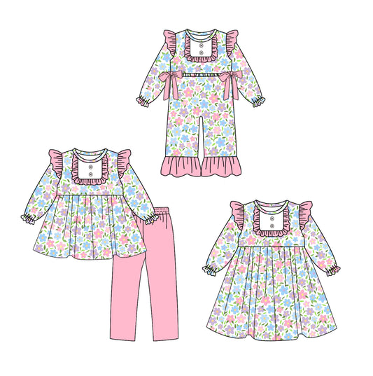 25.8.13 custom each style moq 5eta 4-6week Sibling Sisters floral baby girl long sleeve pants sets and dress and rompers match family design