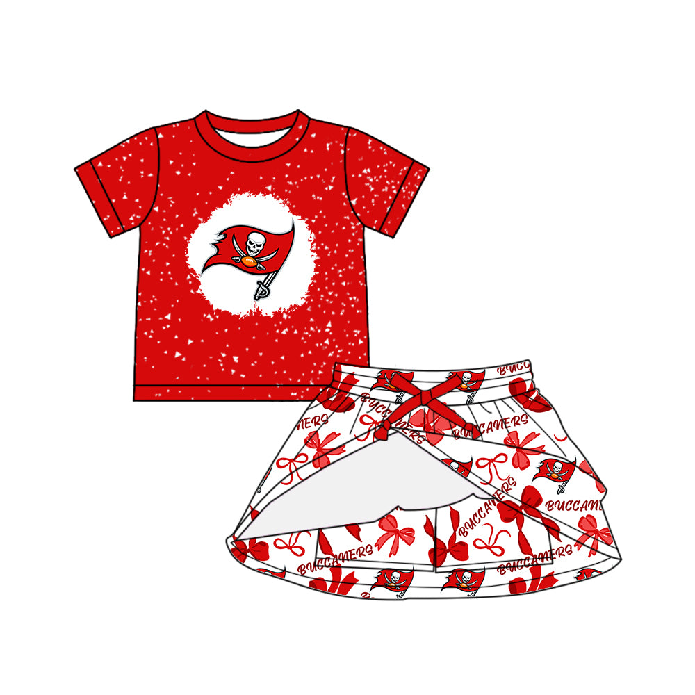 Custom moq 5 mix sizes summer teams baby girls clothes team red short sleeve skirts shorts sets 1 and skirts sets 2 and dress 1 and dress 2 and dress 3 and dress 4-25.6.6
