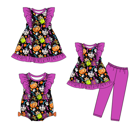 5.6 custom each style moq 5eta 4-6week Sibling Sisters pumpkin baby girl short sleeve pants sets and dress and rompers match family design