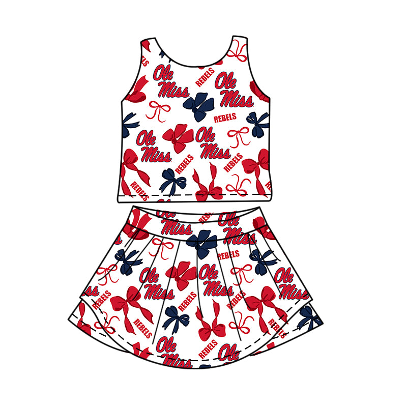 Custom moq 5 mix size milk silk summer teams Navy Blue Red Bow Baby Girls Vest Top Skirt Shorts Sets Sleeveless Yoga Knee Length Dresses Yoga Shorts