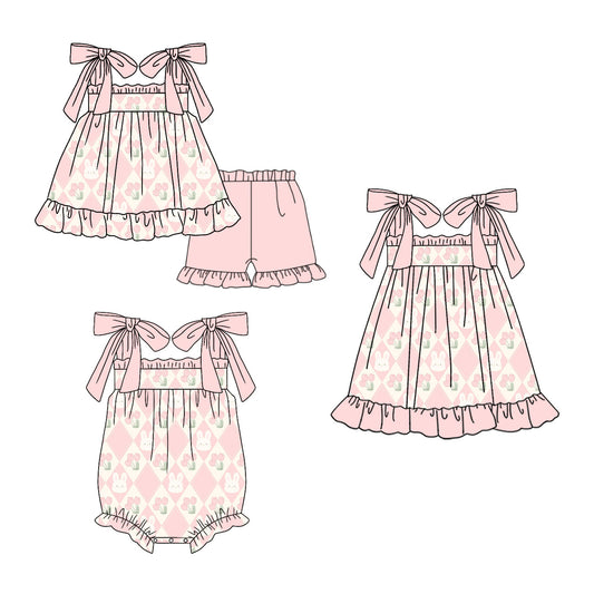 25.10.23 custom each style moq 5 eta 6-8week Sibling Sister bunny floral bow baby short sleeve shorts sets and romper and dress match design