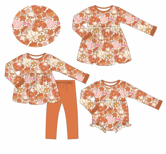 25.6.16 custom each style moq 5eta 4-6week Sibling Sisters pumpkin floral baby girl long sleeve pants sets and dress and rompers match family design