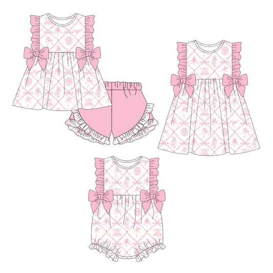 Custom moq 5 mix size Pink Bow-Print Sleeveless Romper Dress Baby Girls Casual Soft Cotton Romper Dress