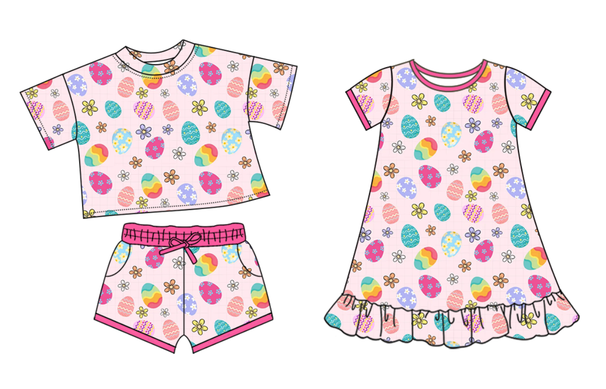 25.10.29 custom each style moq 5 eta 6-8week Sibling Sister eggs floral baby girl short sleeve shorts sets and dress match design
