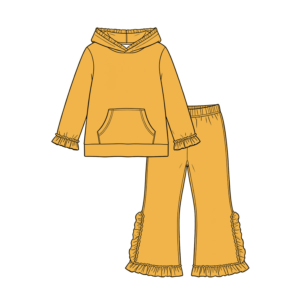 Custom moq 5 girls  Blank Cotton Fabric hooded long-sleeve top and pants set Mustard yellow long-sleeved top and pants set with hood and lace detailing