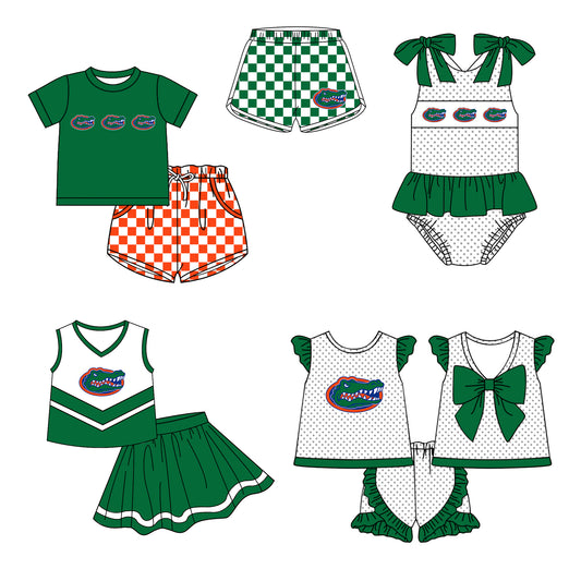Custom moq 5 mix size milk silk summer teams Boy's Green Short-Sleeved Shirt And Plaid Shorts Set Girl's Two Short-Sleeved Outfits with Matching Swimsuits Adult Shorts