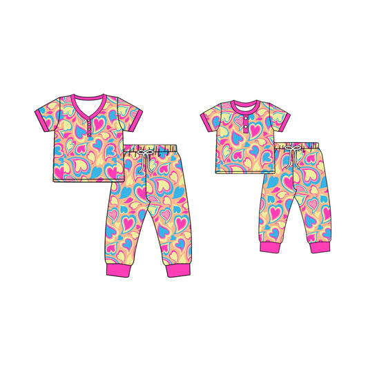 12.2 custom each style moq 5eta 4-6week Sibling Sister love baby girls short sleeve pants sets and adult sets match design