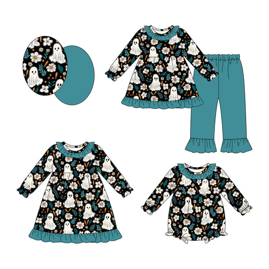25.7.18 custom each style moq 5eta 4-6week Sibling Sisters ghost floral baby girl long sleeve pants sets and dress and rompers match family design