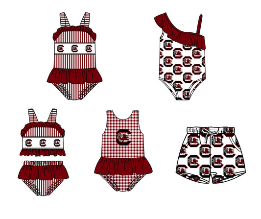 Custom moq 5 mix size milk silk summer teams Baby Girl Red Stripe Two-Piece Swimsuit Set One Piece Swimsuits Boys Swim Trunks