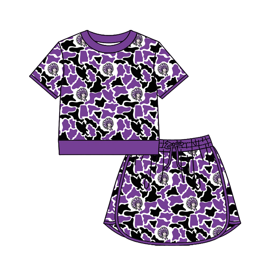 Custom moq 5 mix size summer teams Baby Girls Short Sleeved Camouflage Top And Skirt Set