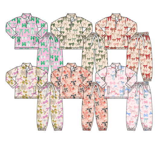 25.9.30 custom each style moq 8 eta 6-8week Sibling Sisters bow baby girl long sleeve pants sets 6 match family design