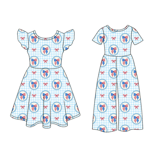 3.5 Custom moq 5 mix size Sibling Baby Girl's 4th of July Blue Plaid Flutter Sleeve Dress And Matching Short-Sleeved Jumpsuit Outfit Set