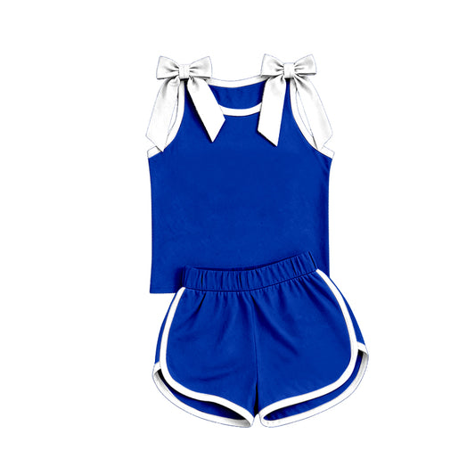 custom moq 5 mix size Baby Girls White Bow Blue Sleeveless Top Shorts Clothes Set