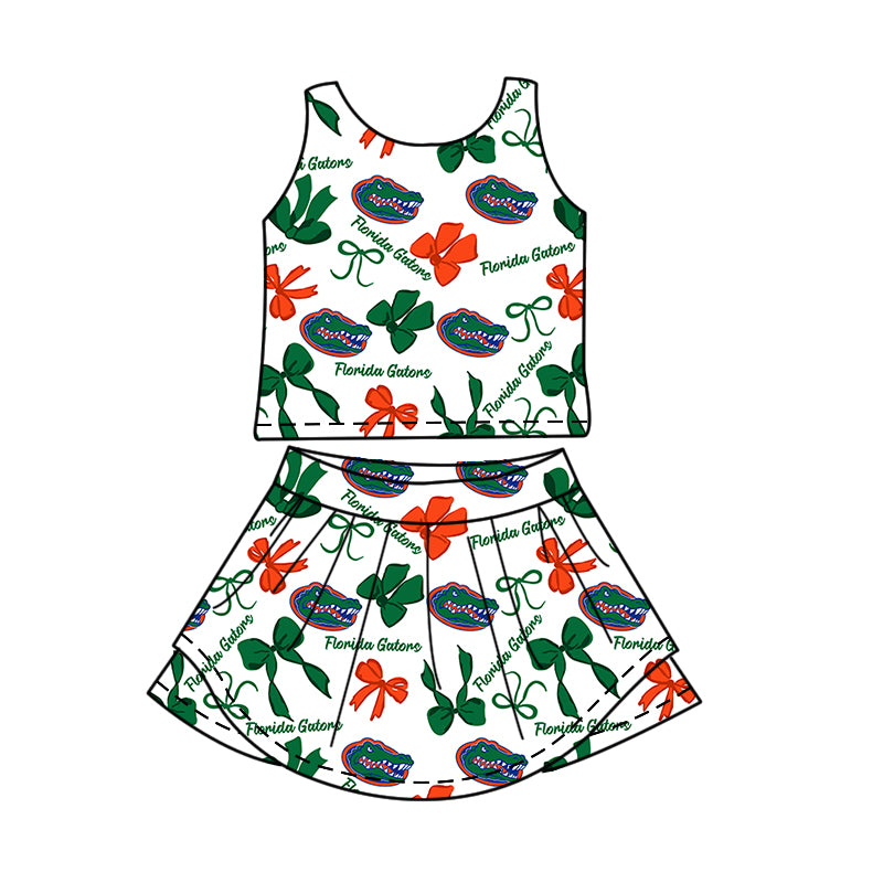 Custom moq 5 mix size milk silk summer teams Baby Girls Green Bow Vest Top Skirt Shorts Sets Sleeveless Yoga Knee Length Dresses Yoga Shorts