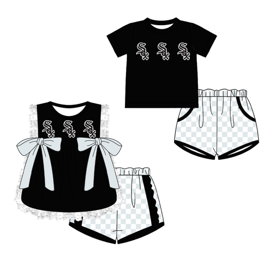 Custom moq 5 mix size milk silk summer teams Black Girl Sleeveless Top And Plaid Shorts Set with Bow Boy Short Sleeved Top And Plaid Shorts Set