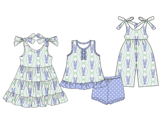 4.12 custom each style moq 5eta 4-6week Sibling Sister lobster bow baby girl short sleeve shorts sets and dresses and jumpsuit match design