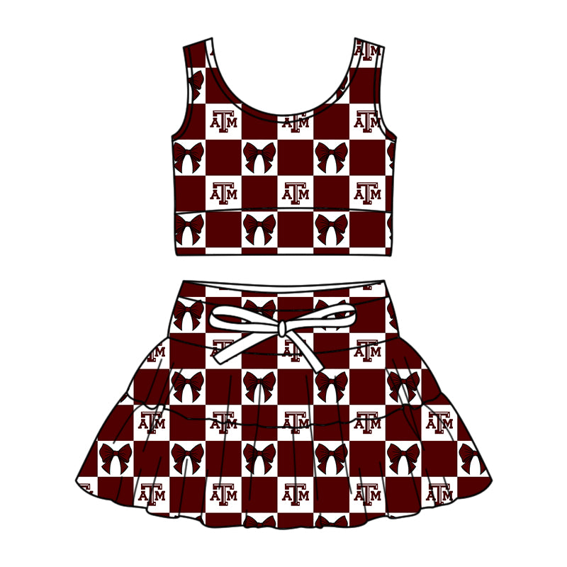 Custom moq 3 or 5 mix size milk silk summer teams baby girl clothes bow dark red sleeveless skirts sets-26.1.20