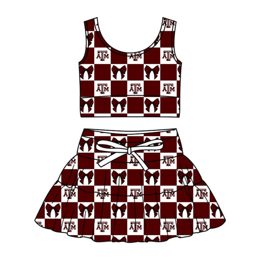Custom moq 3 or 5 mix size milk silk summer teams baby girl clothes bow dark red sleeveless skirts sets-26.1.20