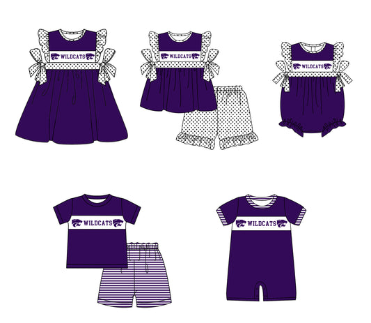 Custom moq 5 mix size milk silk summer teams baby girl boys clothes Dark purple short sleeve shorts sets 2  and dress and rompers 2 series
