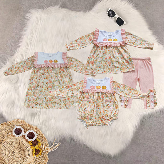 RTS NO MOQ Sibling baby girls clothes embroidery pumpkin long-sleeved trousers suit & romper & dress