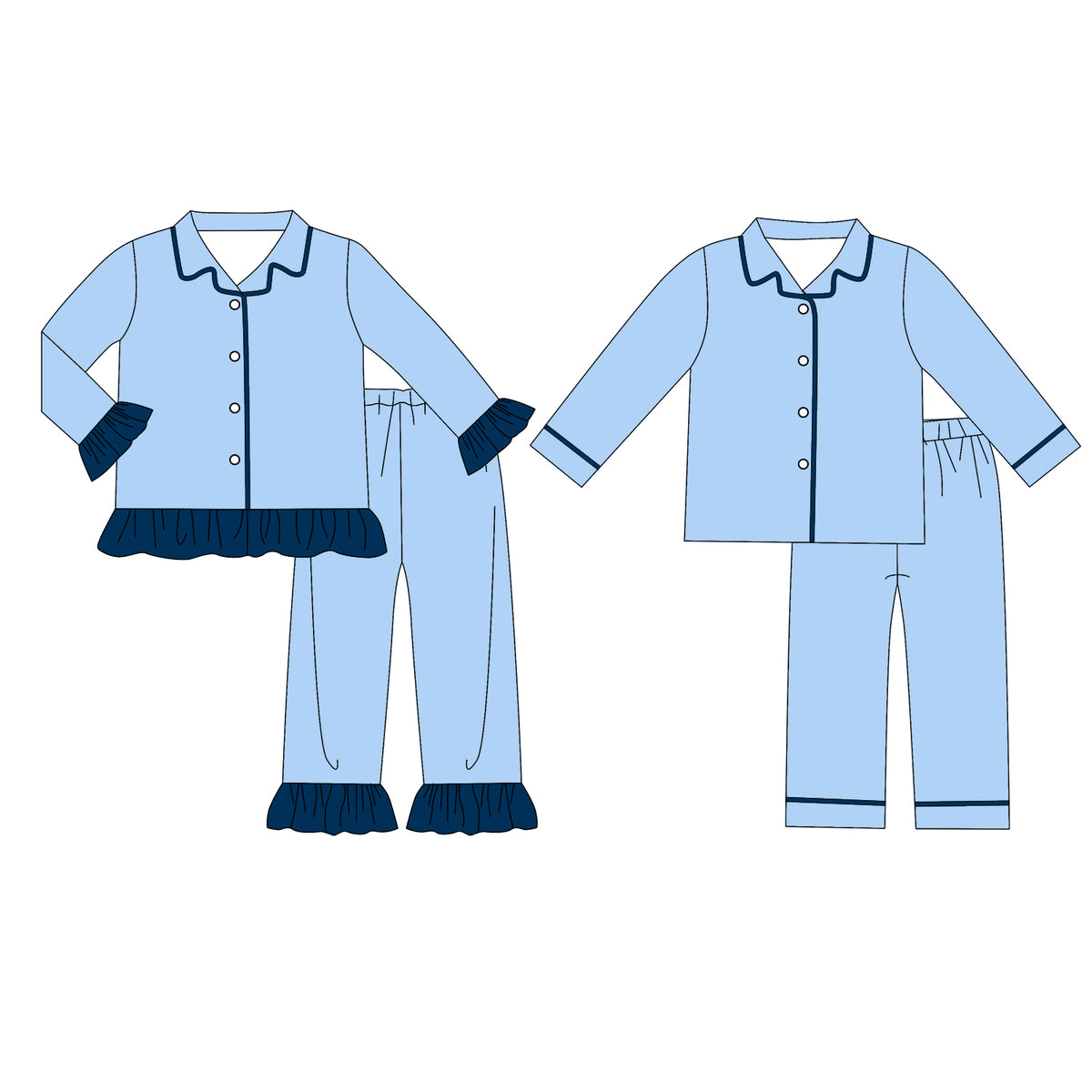 custom moq 5 mix size Baby Boys And Girls Light Blue Long Sleeve Navy Piping Collared Button Down Pant Pajama Set Kids Sleepwear Set