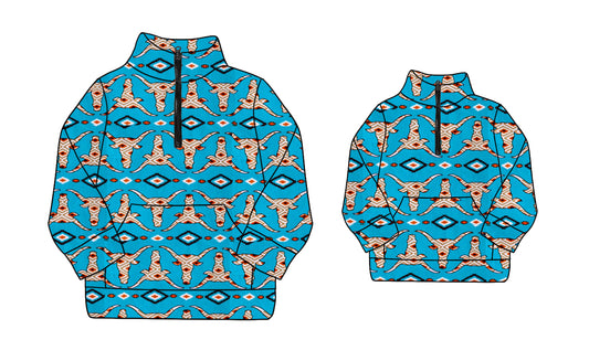 25.9.1 custom each style moq 5eta 4-6week Sibling Sister cow head blue baby long sleeve top and adult top match design