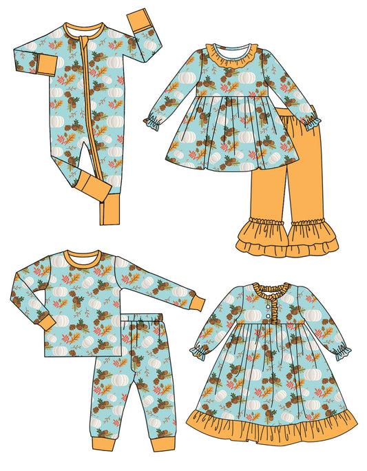25.5.7 custom each style moq 5eta 4-6week Sibling Sisters pumpkin baby girl long sleeve pants sets 1 and sets 2 and dress and romper match family design