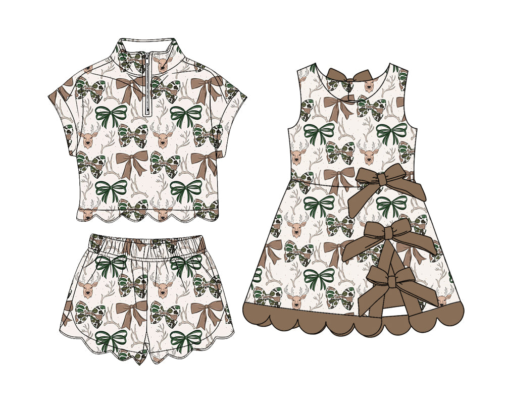 3.26 Custom moq 5 mix size Sibling Baby Girls Camo Bows Deer Hunting Zipper Top Short Scallop Sets Yoga Active Scallop Short Knee Length Dress