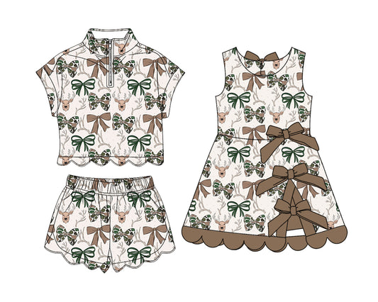 3.26 Custom moq 5 mix size Sibling Baby Girls Camo Bows Deer Hunting Zipper Top Short Scallop Sets Yoga Active Scallop Short Knee Length Dress