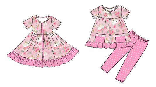 4.30 custom each style moq 5eta 4-6week Sibling Sister pumpkin floral baby girl pants sets and dress match family design